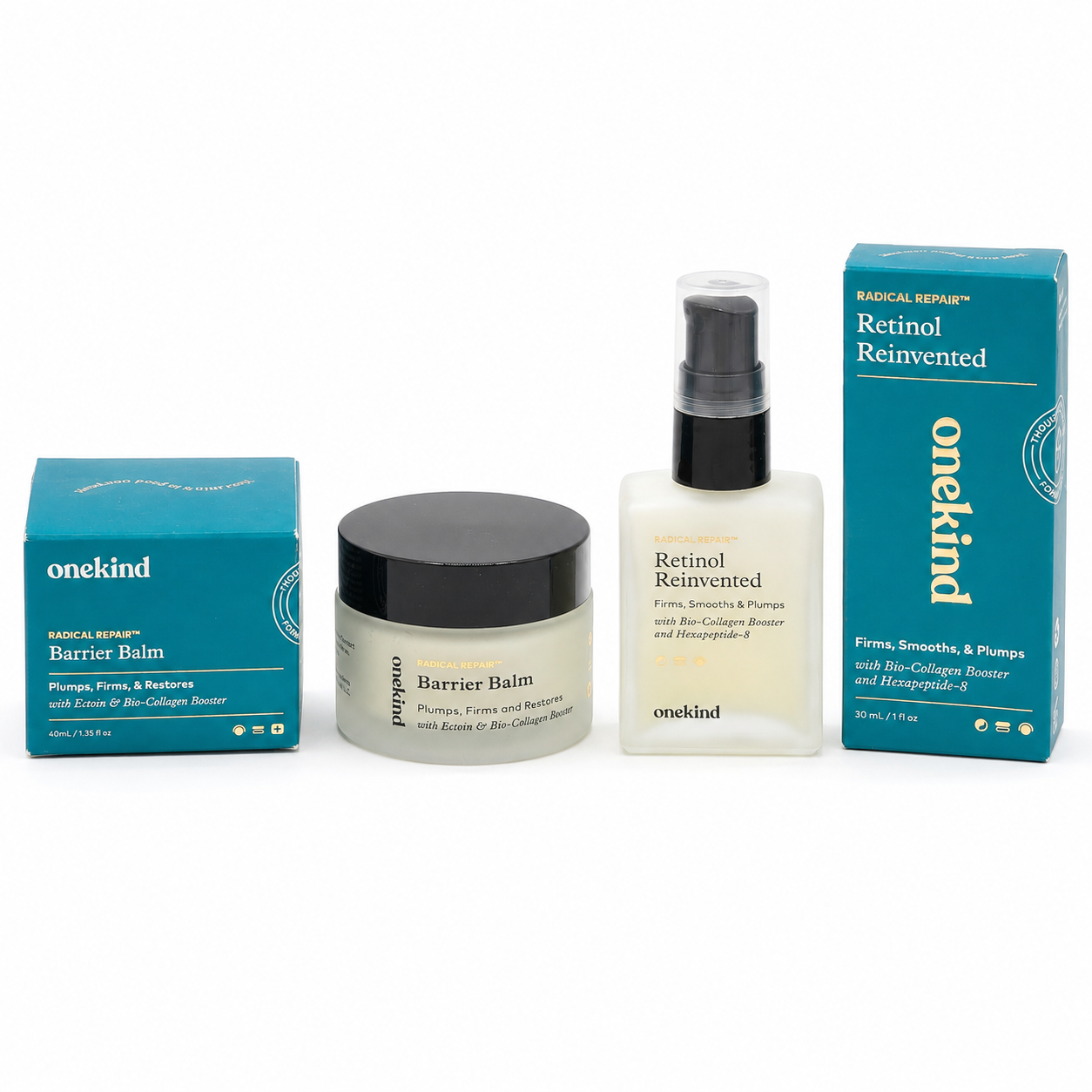 onekind Radical Repair Retinol Reinvented serum and Barrier Balm 2-piece set with boxes front view