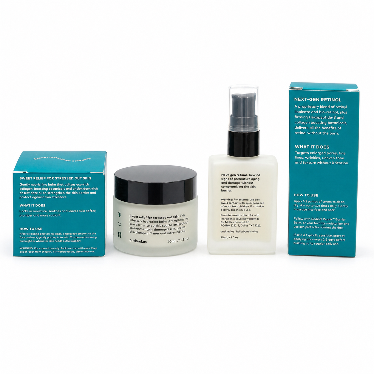 onekind Radical Repair Retinol Reinvented serum and Barrier Balm boxes back view with directions
