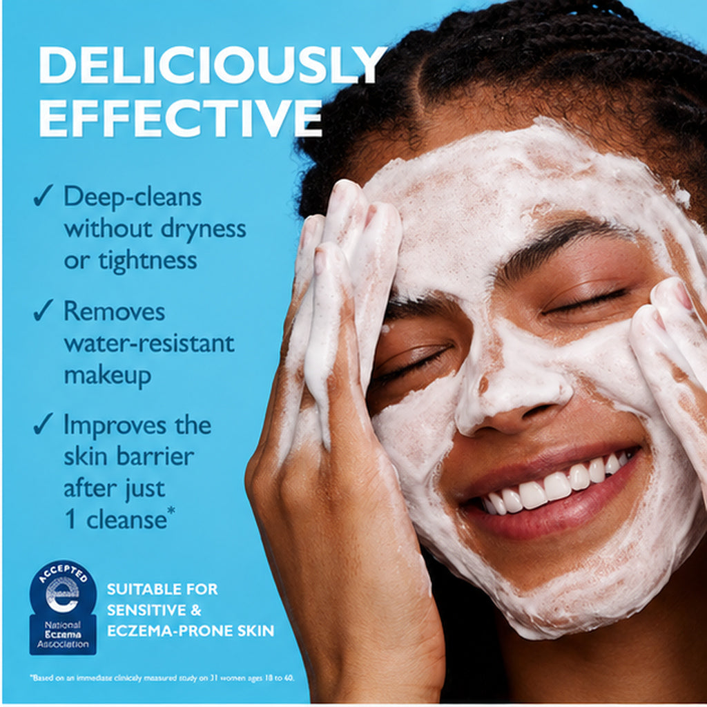 Person cleansing with Peter Thomas Roth Water Drench Whipped Cream Cleanser and product benefits