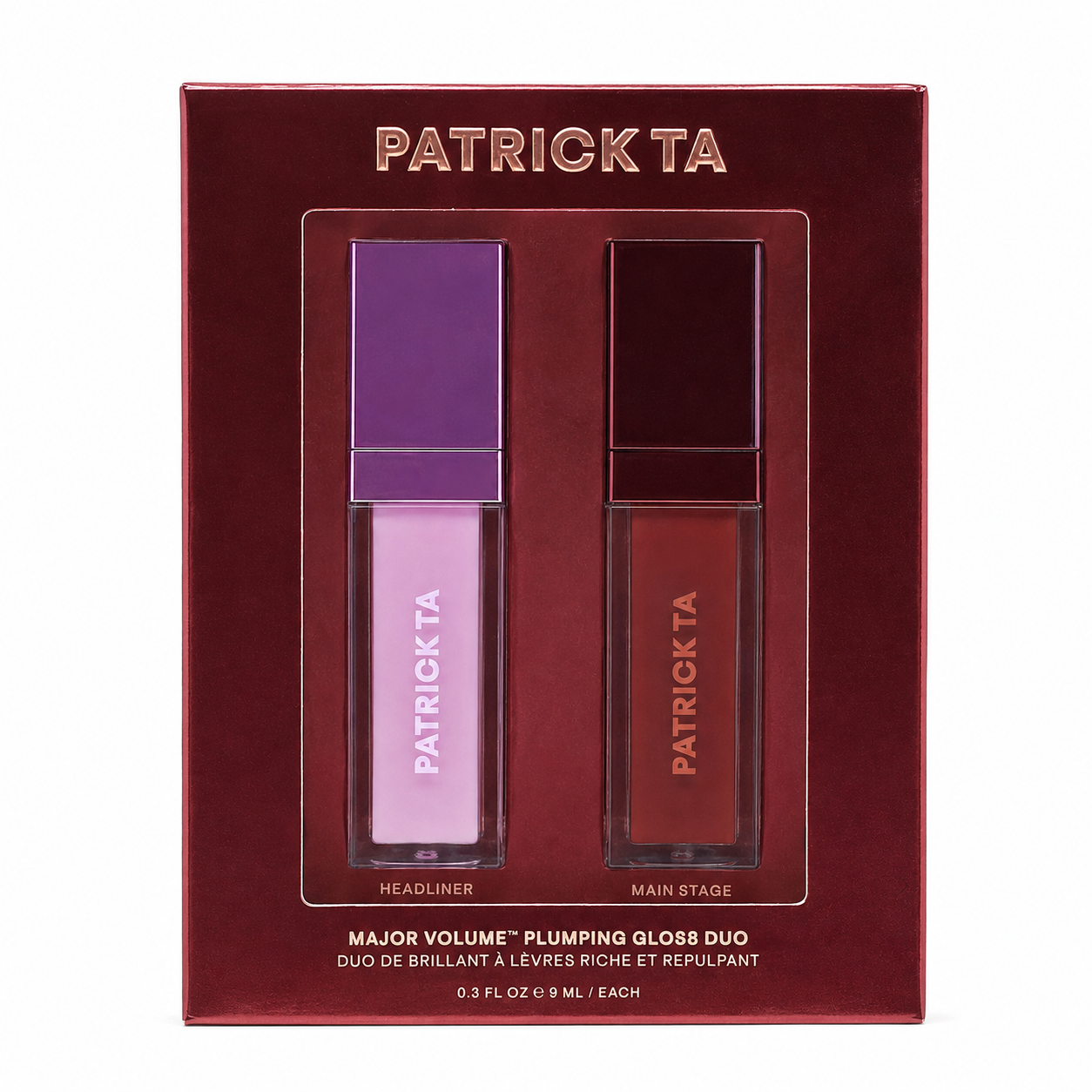 Patrick Ta Major Volume Plumping Gloss Duo box with Headliner sheer lilac and Main Stage sheer cranberry glosses