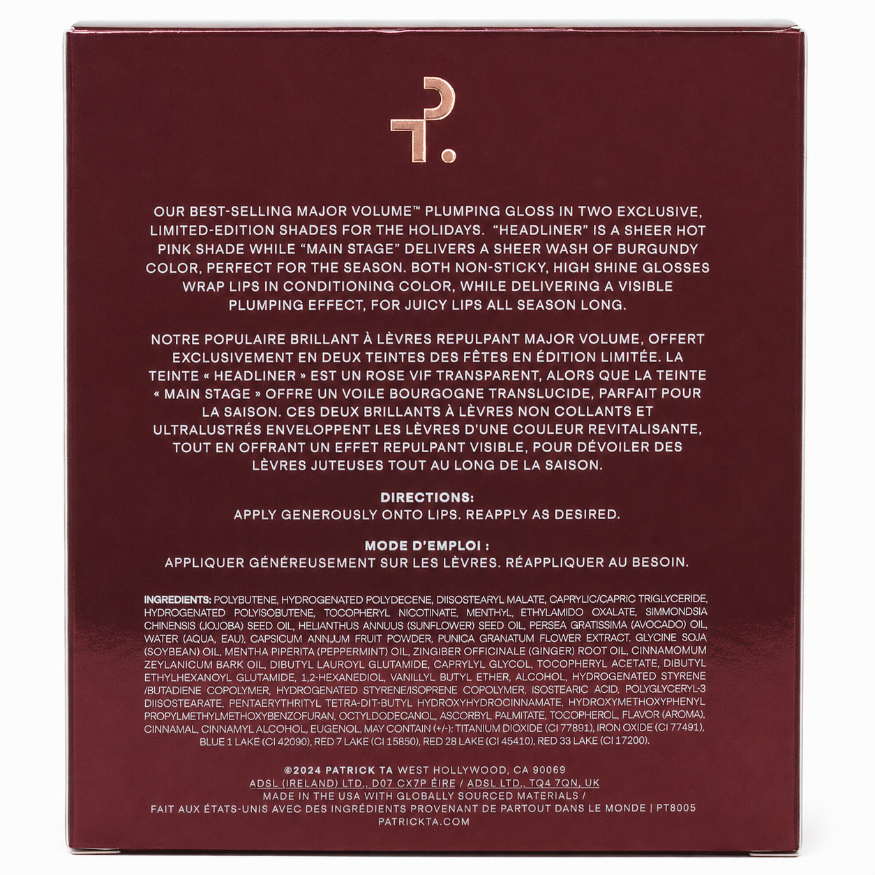 Back of Patrick Ta Major Volume Plumping Gloss Duo box with directions and full ingredient list