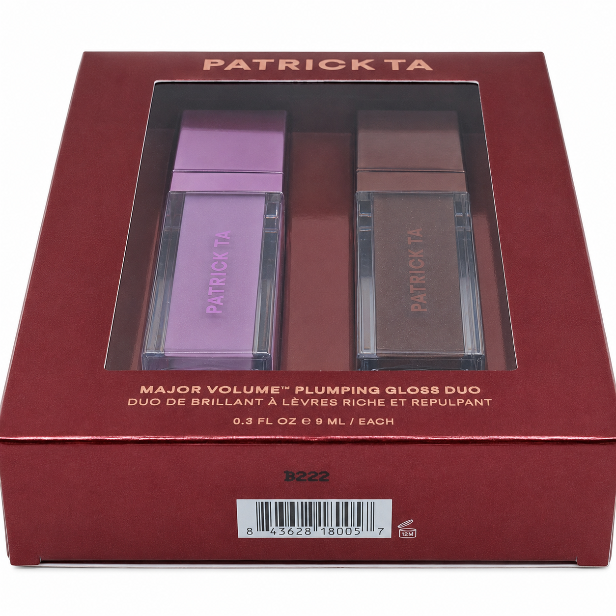 Patrick Ta Headliner and Main Stage plumping gloss duo showing lot B222, UPC, and 12M PAO