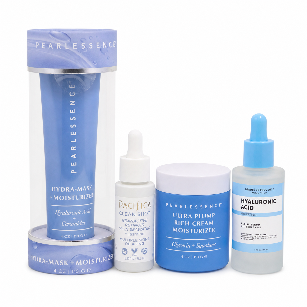 Pearlessence, Pacifica, and Beauté de Provence four-piece hydrating skincare set front view