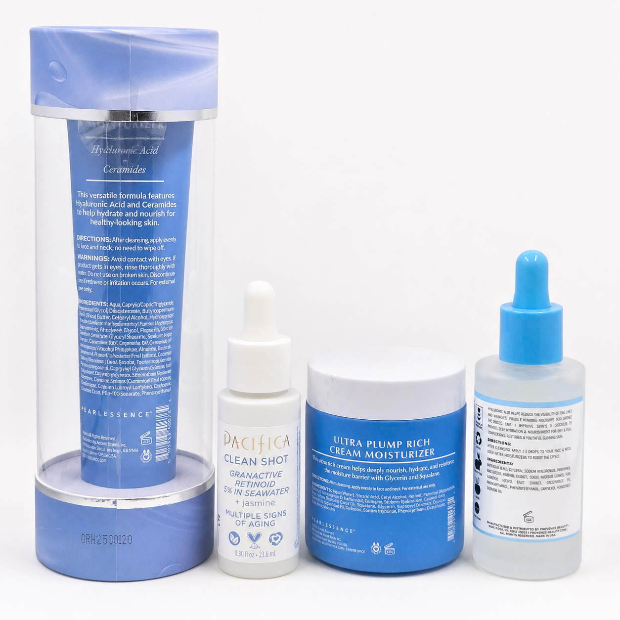 Rear view of Pearlessence, Pacifica, and Beauté de Provence four-piece skincare set