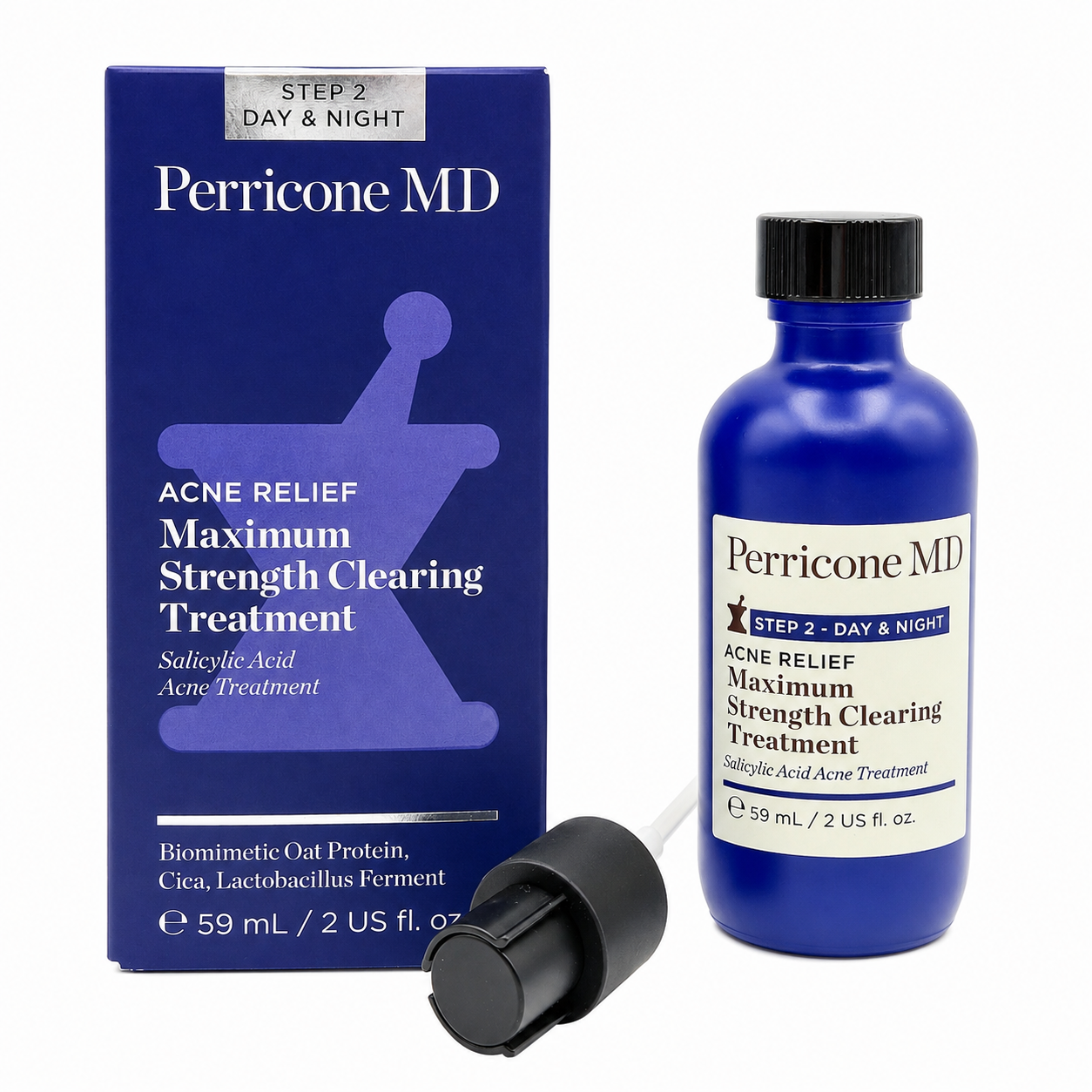 A bottle and box of Perricone MD Step 2 Day & Night Acne Relief Maximum Strength Clearing Treatment, shown on a white background with a black dropper cap in front.