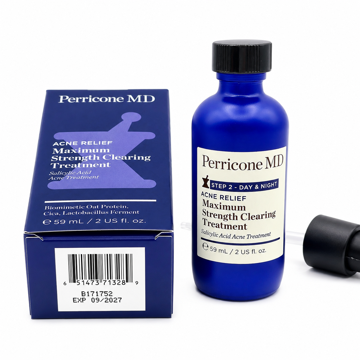 A blue bottle and matching blue box of Perricone MD Acne Relief Maximum Strength Clearing Treatment, with a black cap placed beside the bottle on a white background.