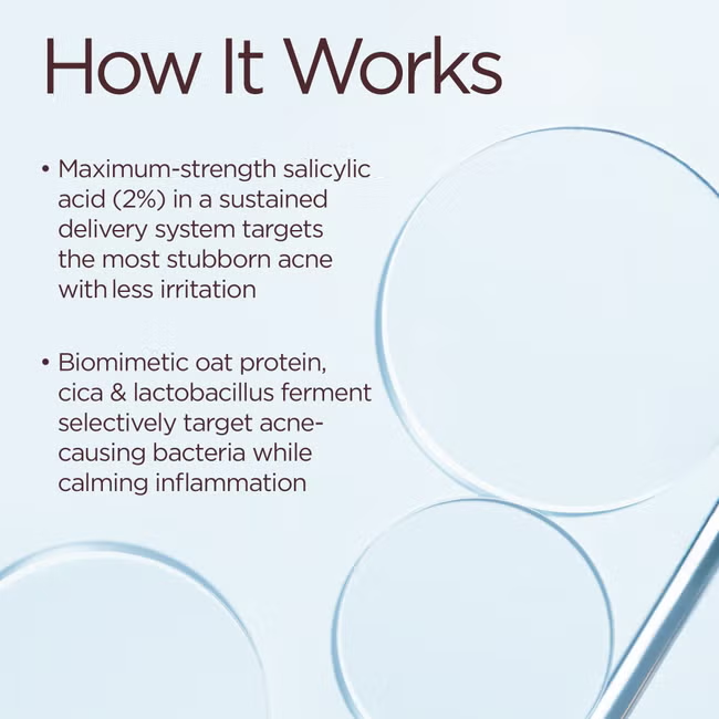 An informational graphic with the heading 'How It Works' on a pale blue background, accompanied by bullet points describing a salicylic acid treatment and oat protein/cica action, with abstract circular line illustrations.