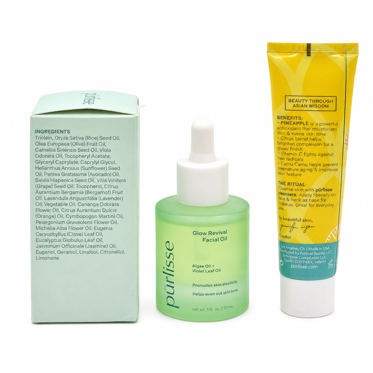purlisse Glow Revival Facial Oil 1 oz with box and Pineapple Bright Gel Cream 0.5 oz