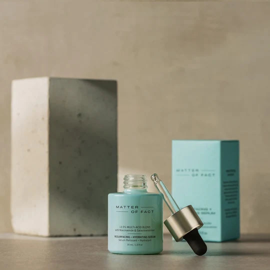 Resurfacing + Hydrating Serum bottle, removed dropper and carton beside a concrete display