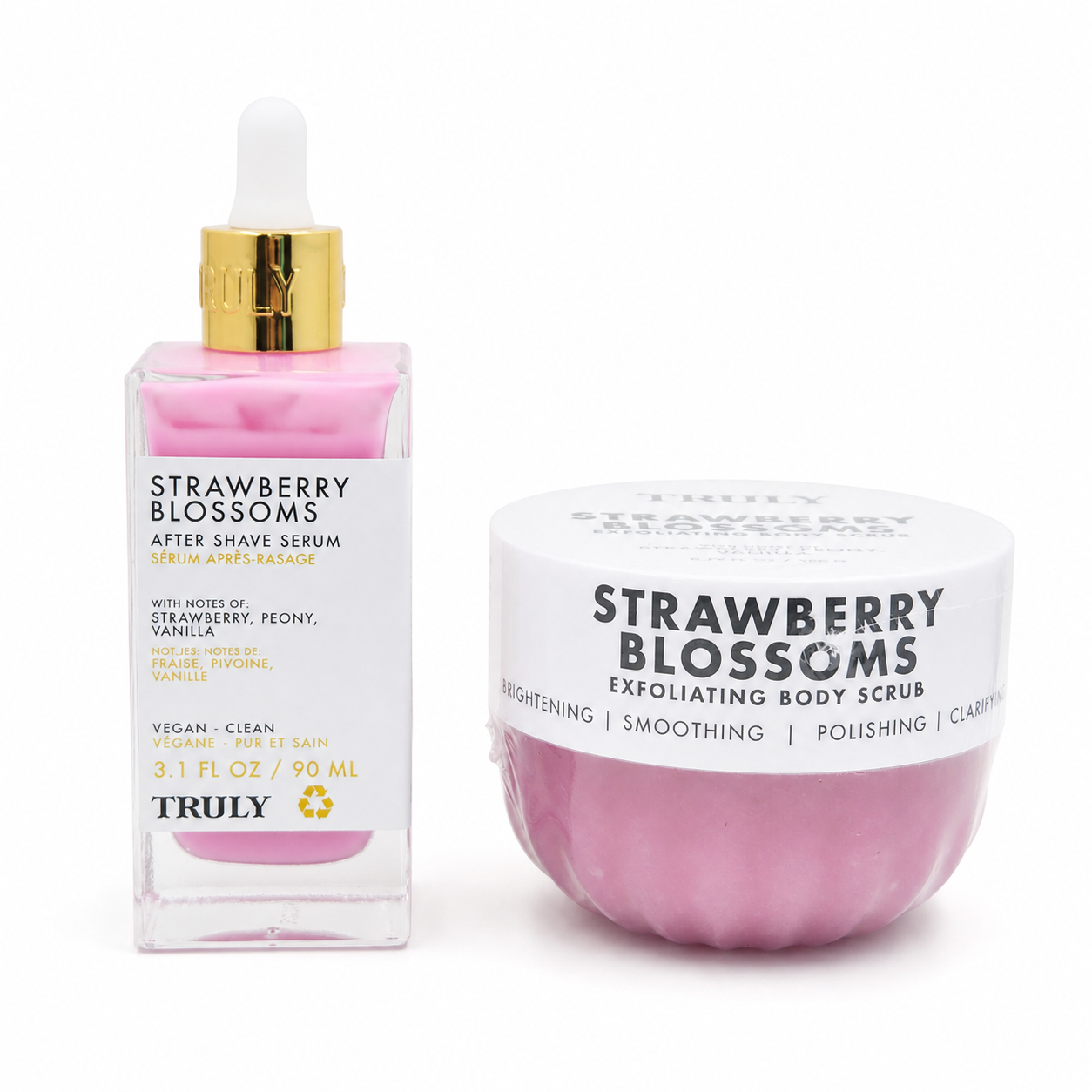 Truly Strawberry Blossoms After Shave Serum and Exfoliating Body Scrub on a white background