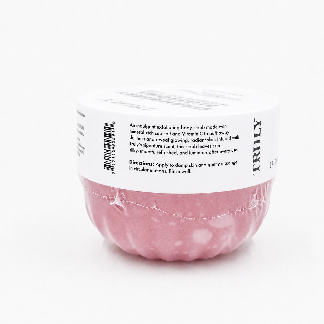 Truly Strawberry Blossoms Exfoliating Body Scrub side label with intact shrink seal and UPC