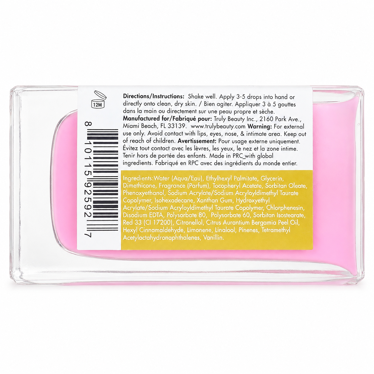 Truly Strawberry Blossoms After Shave Serum back label with directions, ingredients, and UPC