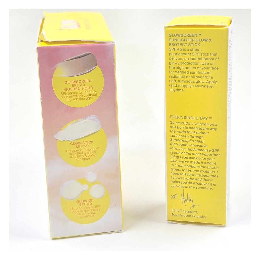 Supergoop! Destination Glow SPF Kit and Sunlighter SPF 45 product labels