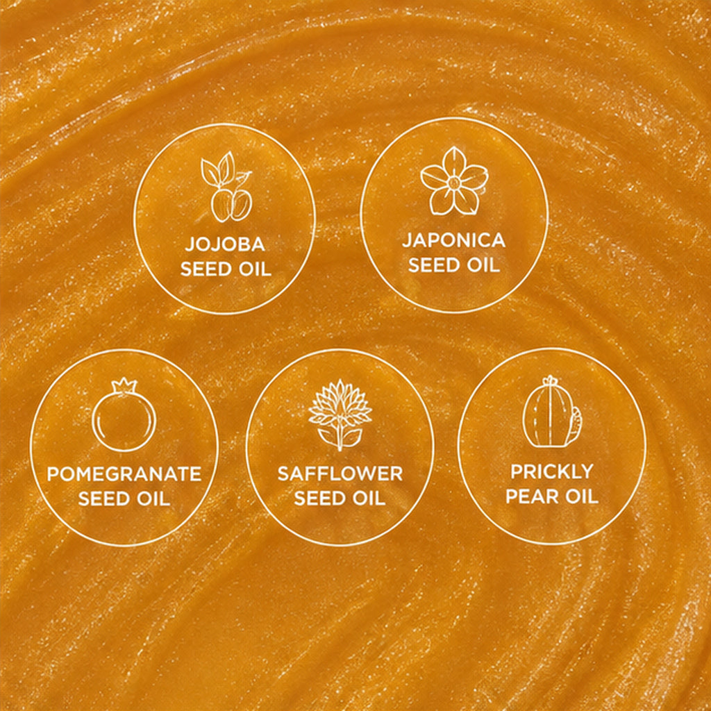 TAN-LUXE The Glow seed oils graphic featuring jojoba, camellia, pomegranate, safflower and prickly pear oils