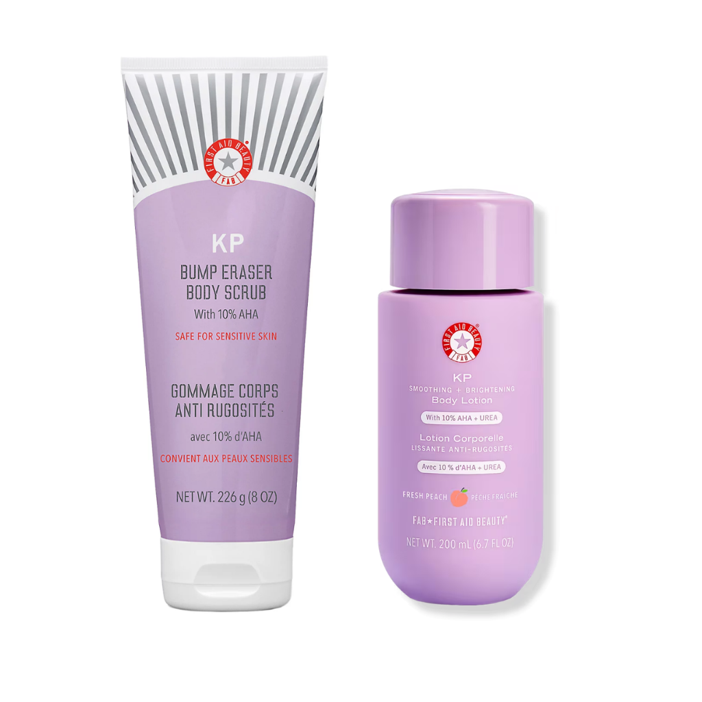 First Aid Beauty KP Bump Eraser 10% AHA Scrub 8 oz and Fresh Peach Body Lotion 6.7 fl oz set