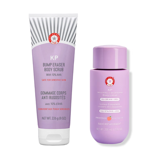 First Aid Beauty KP Bump Eraser 10% AHA Scrub 8 oz and Fresh Peach Body Lotion 6.7 fl oz set
