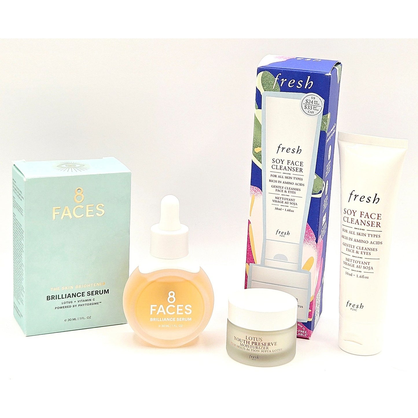 8 Faces The Skin Brightener Serum 1oz + fresh Soy Cleanser & Lotus Moisture Duo
