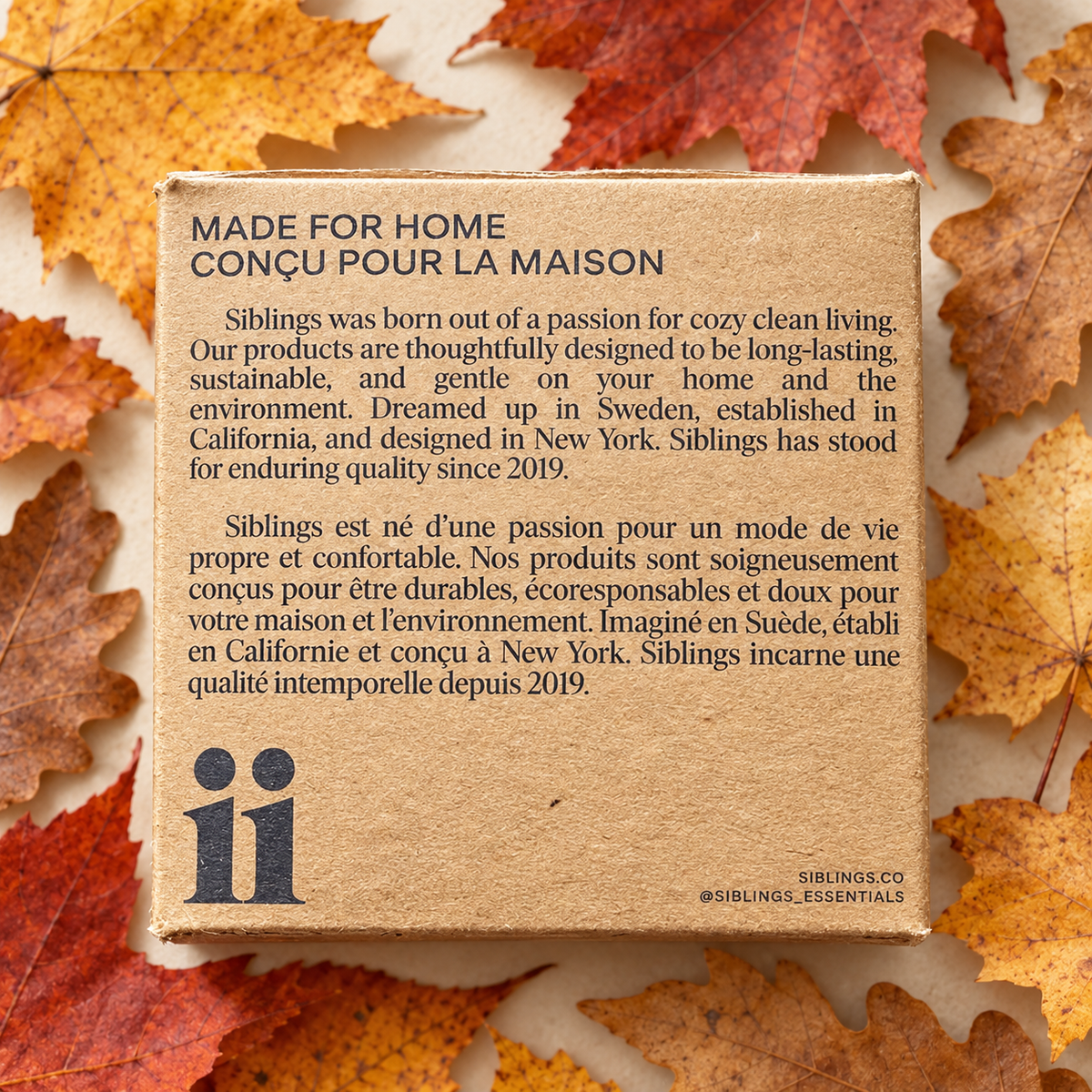 Back of Siblings candle box showing the brand story, surrounded by autumn leaves.