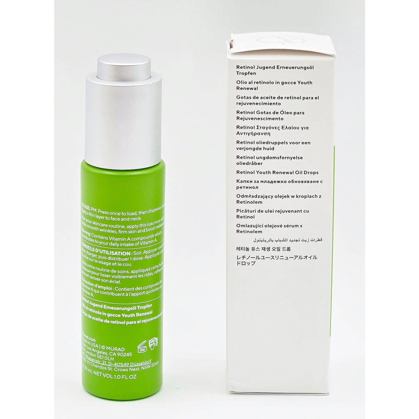 Murad Retinol Youth Renewal Oil Drops rear bottle and multilingual outer box side