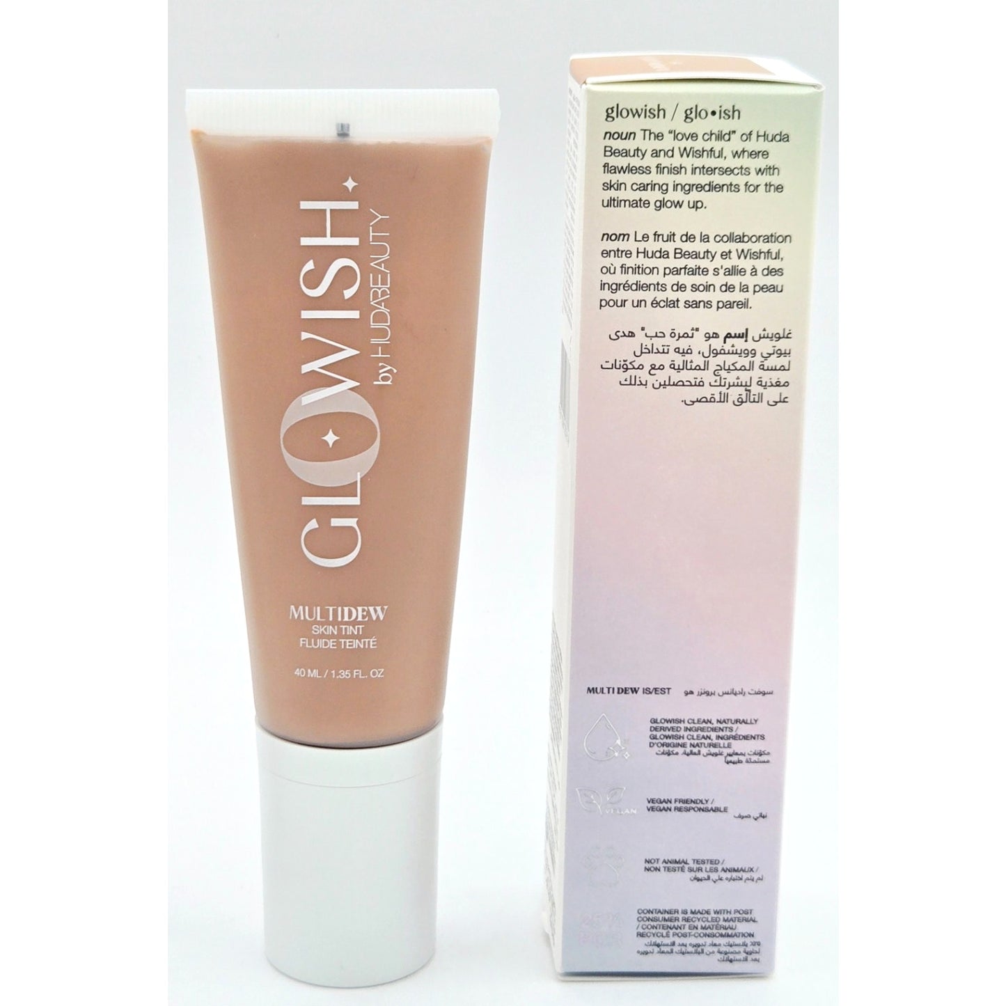 HUDA BEAUTY Glowish Multidew Skin Tint 04 Med & ChicaBeauty Glow Highlighter Duo