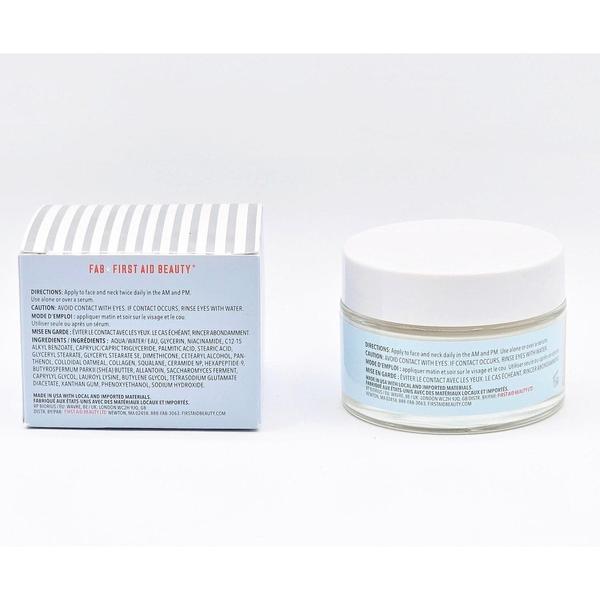 First Aid Beauty Firming Cream 3.5 fl oz in a light blue jar with a white lid, next to its striped box.
