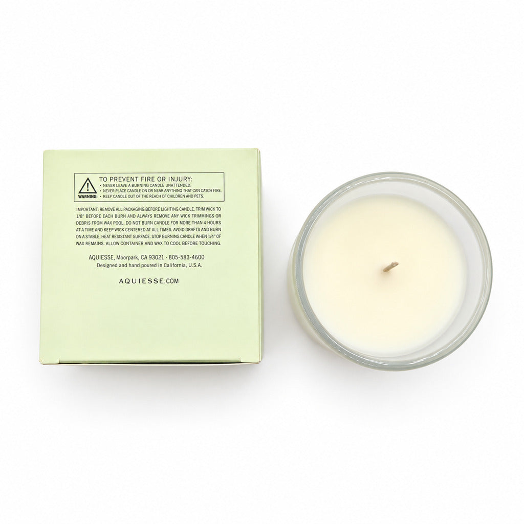 Top view of Aquiesse Cherimoya candle, wax and package safety panel