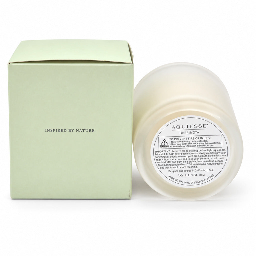 Bottom label and safety instructions on Aquiesse Cherimoya candle