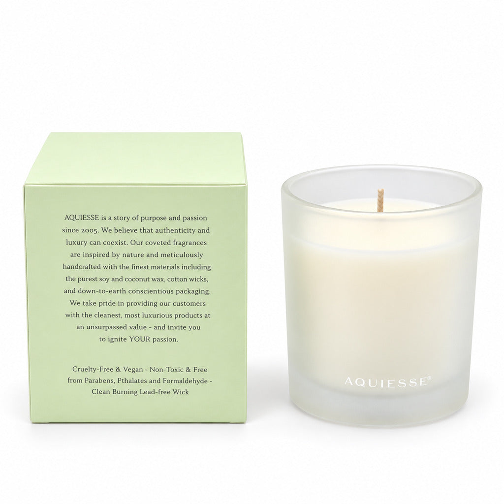Aquiesse Cherimoya candle beside the brand story panel on its box