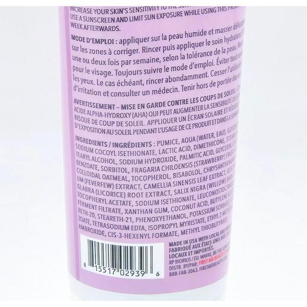 Back of a light purple First Aid Beauty KP Bump Eraser Strawberry Body Scrub 8 oz tube with ingredients list.