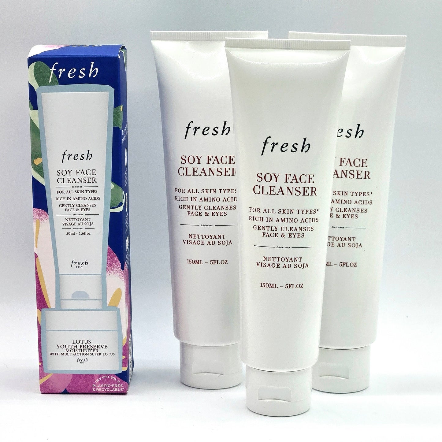 Fresh Soy Face Cleanser 5oz x3, 1.6 oz (16.6oz) , 0.5 oz Fresh Lotus Preserve