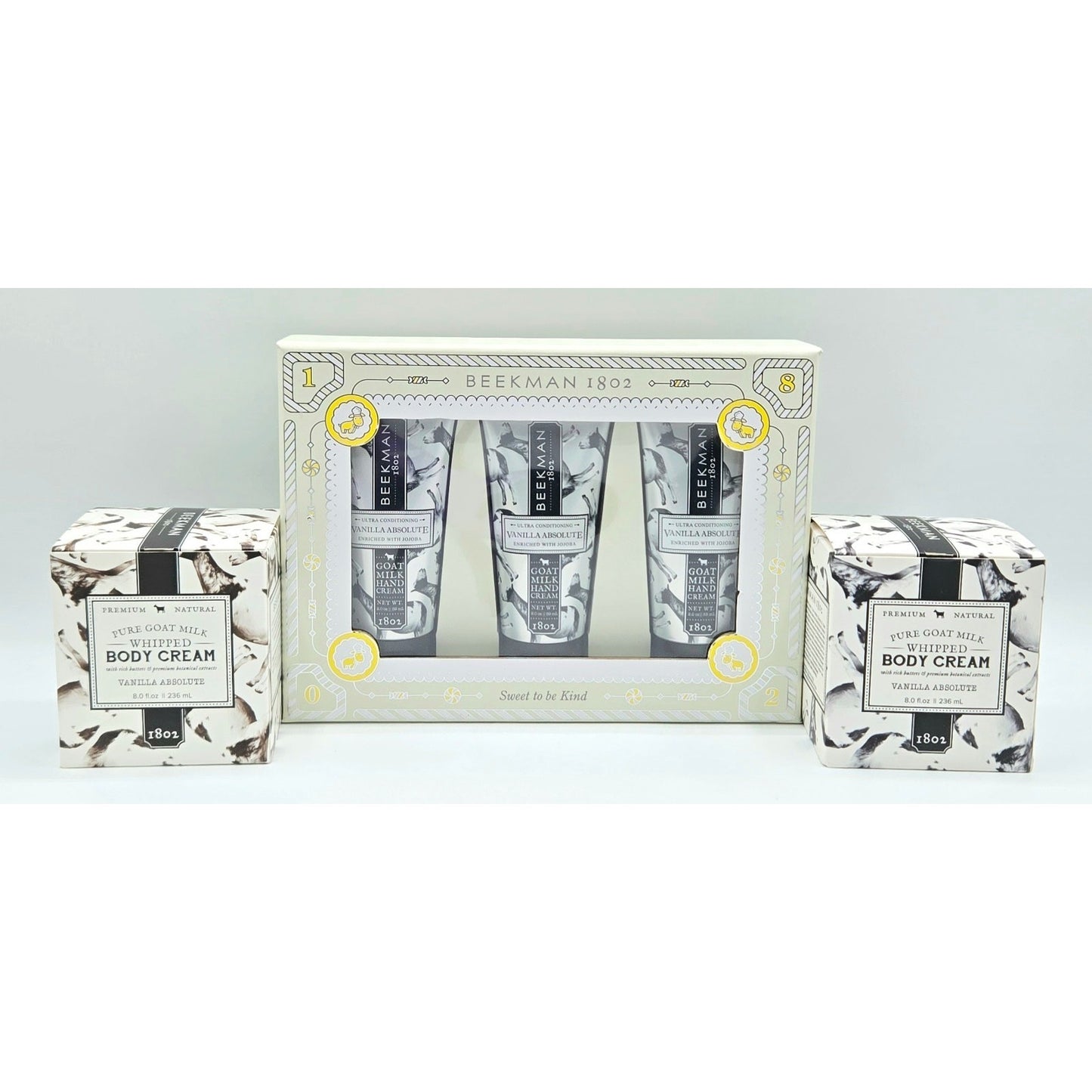 2x Beekman 1802 Pure Goat Milk Vanilla Absolute Body Cream 8oz w/ Hand Cream 3pk