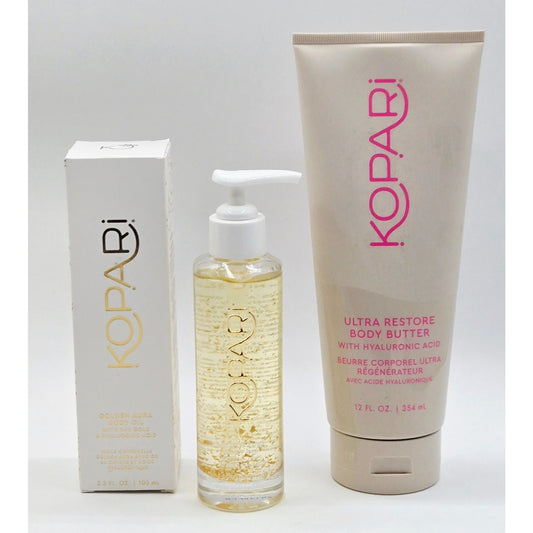 Kopari Ultra Restore Body Butter 12 oz w/ Golden Aura Body Oil 3.3 oz- New