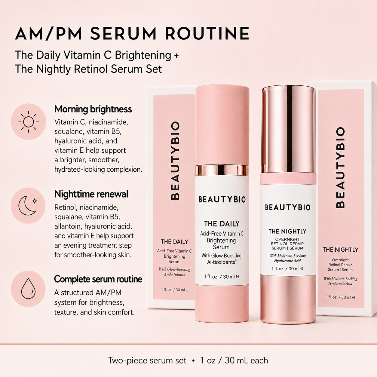 BeautyBio The Daily Vitamin C Brightening + The Nightly Retinol Serum Set 1 oz