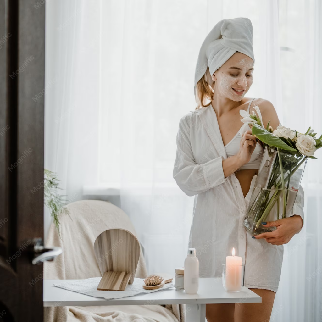 Woman in a white robe and towel wrap holding flowers in a bright bathroom.