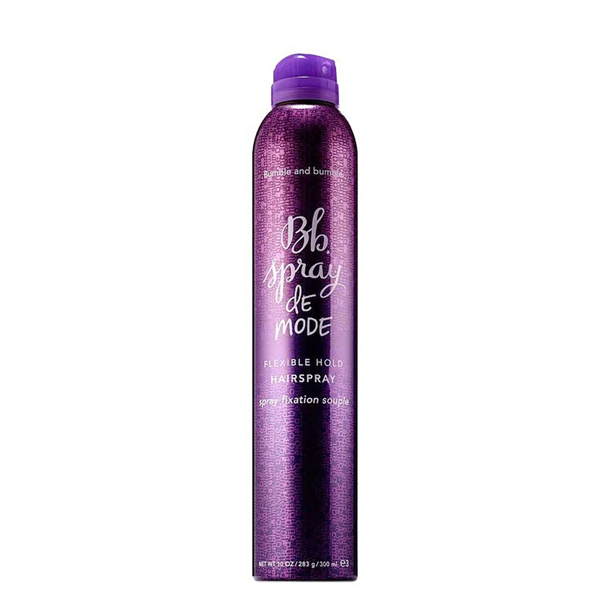 Bumble and bumble Spray de Mode Flexible Hold Hairspray, 10 oz purple aerosol can with twist-lock nozzle, front view.