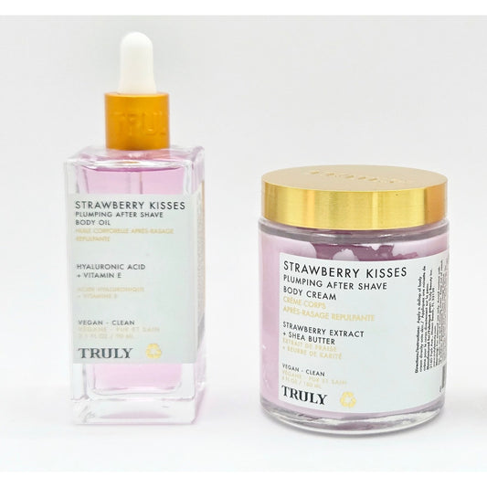 TRULY Beauty Strawberry Kisses Plumping Aftershave Oil & Body Cream Set~ NEW