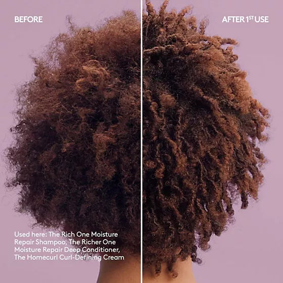 Coily hair before and after Fenty The Rich One shampoo, The Richer One deep conditioner and The Homecurl curl-defining cream.