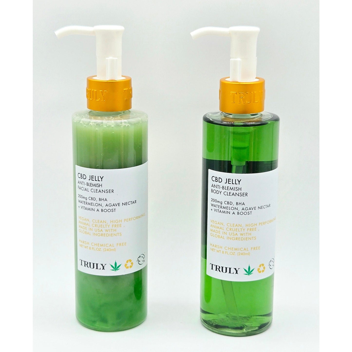 Truly CBD Jelly Anti-Blemish Facial Cleanser and Body Cleanser front labels, two 8 fl oz pump bottles