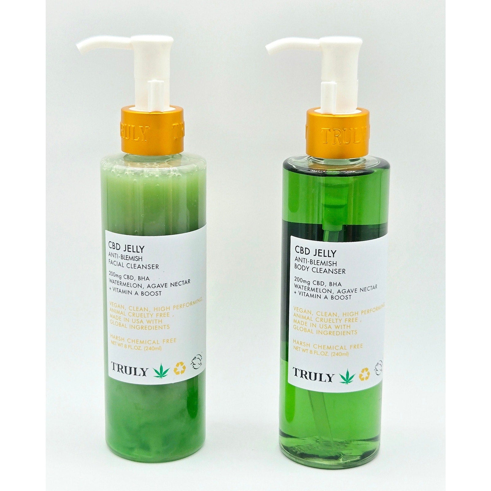 Truly CBD Jelly Anti-Blemish Facial Cleanser and Body Cleanser front labels, two 8 fl oz pump bottles
