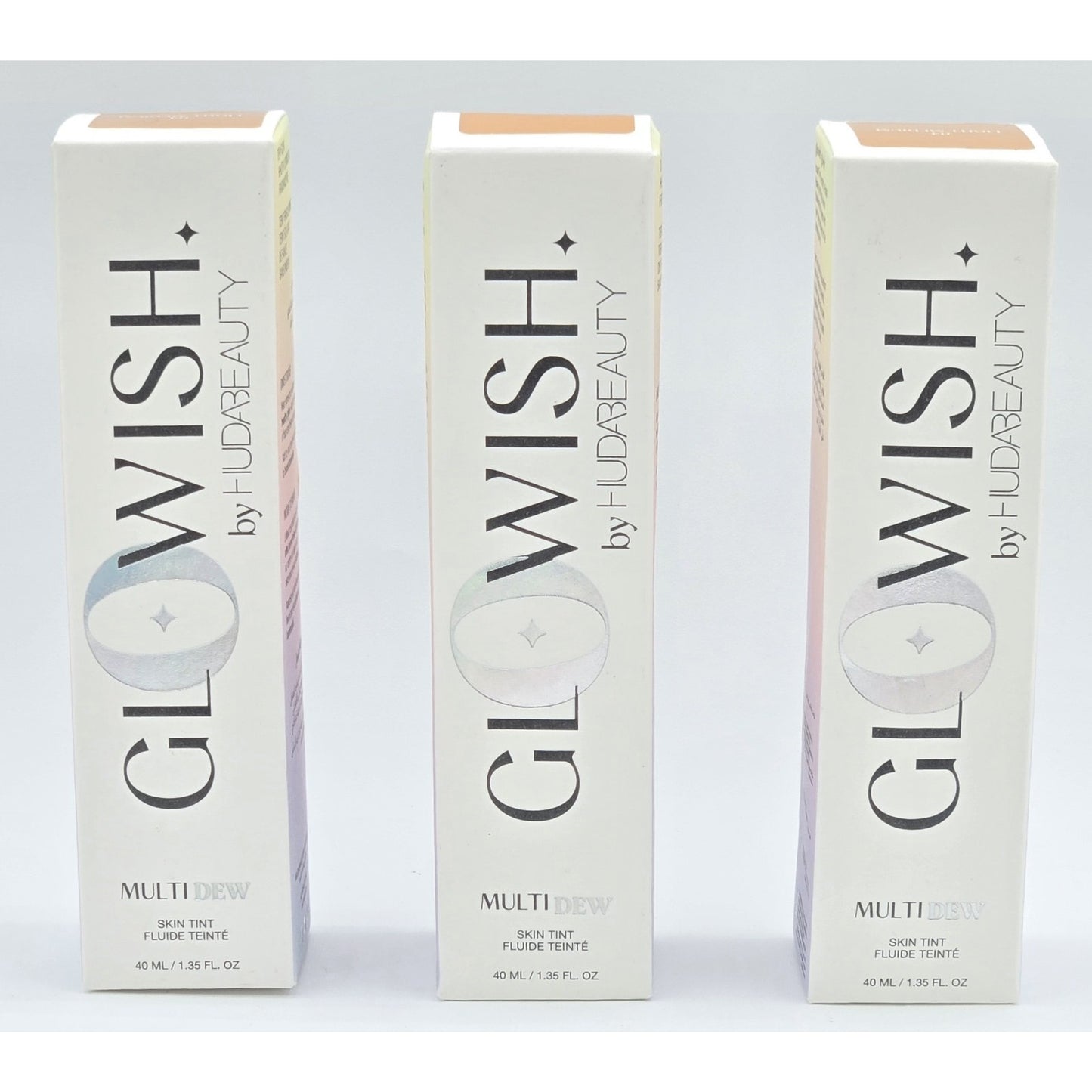 3 Pk HUDA BEAUTY Glowish Multidew Skin Tint Foundation- 1.35 oz- 04 Light Medium