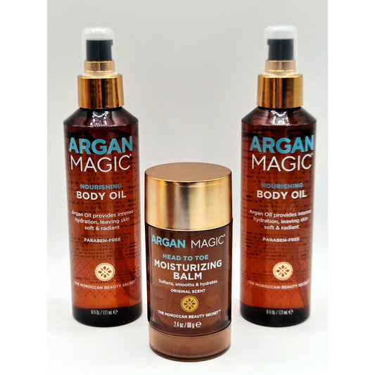 2 Pack ARGAN MAGIC Nourishing Body Oil 6oz & Head to Toe Moisturizing Balm 2oz