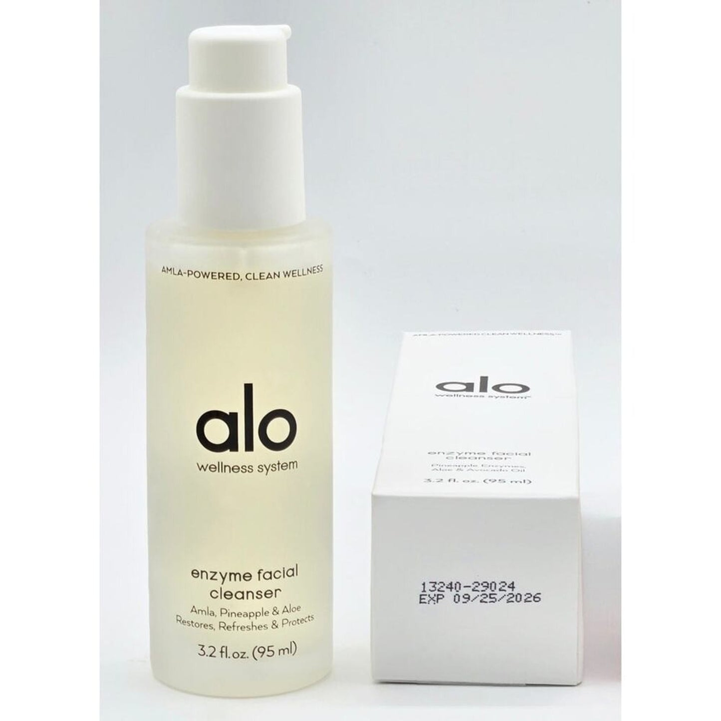 Alo Glow System Enzyme Facial Cleanser bottle with batch 13240-29024 and expiration 09/25/2026