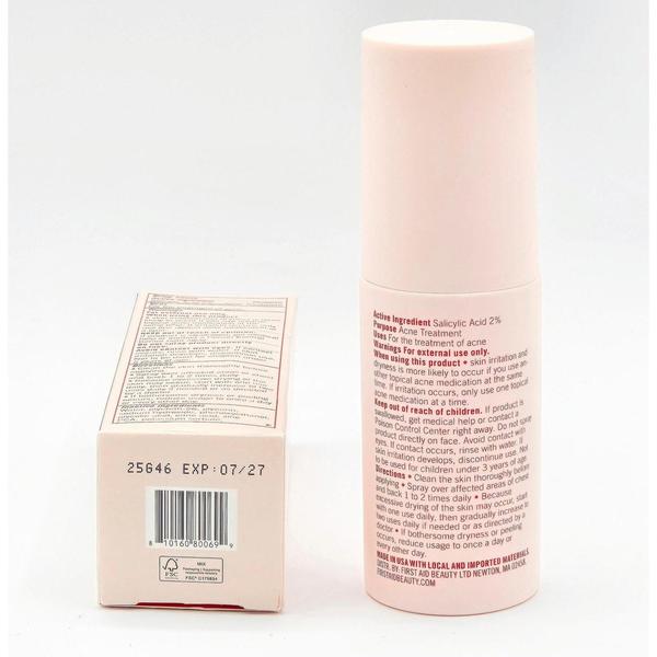 Pink First Aid Beauty Body Acne Clearing Mist bottle next to its box with barcode and expiration date.