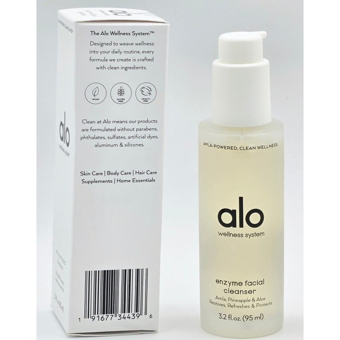 Alo Glow System Enzyme Facial Cleanser boxed pump bottle with UPC 191677344396 and clean beauty symbols