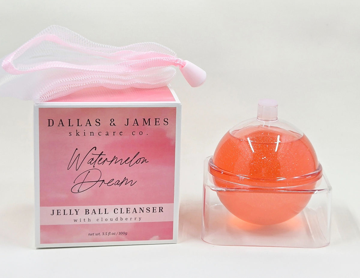 Dallas & James Watermelon Dream Jelly Ball Cleanser with storage case, retail box and mesh foaming bag