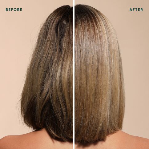 Drybar Detox before-and-after back view of shoulder-length highlighted hair showing refreshed roots and added body