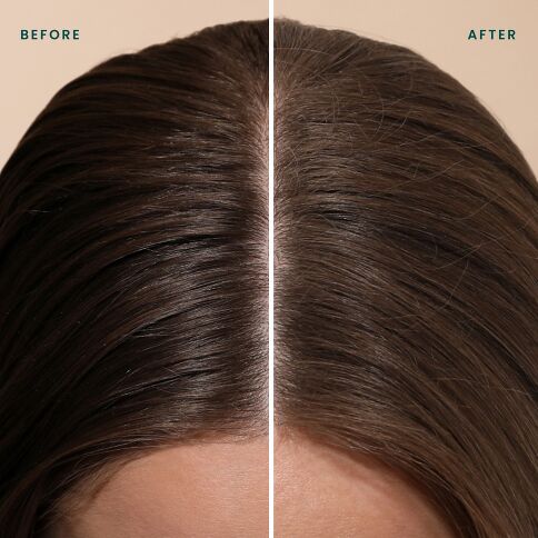 Drybar Detox before-and-after close-up showing oily-looking roots and a refreshed matte finish