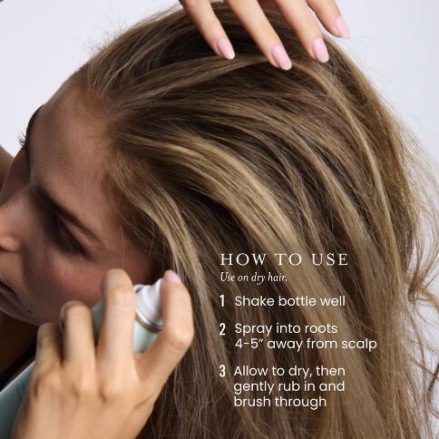 Model applying Drybar Detox at the roots, with directions to shake, spray, let dry, massage in and brush through