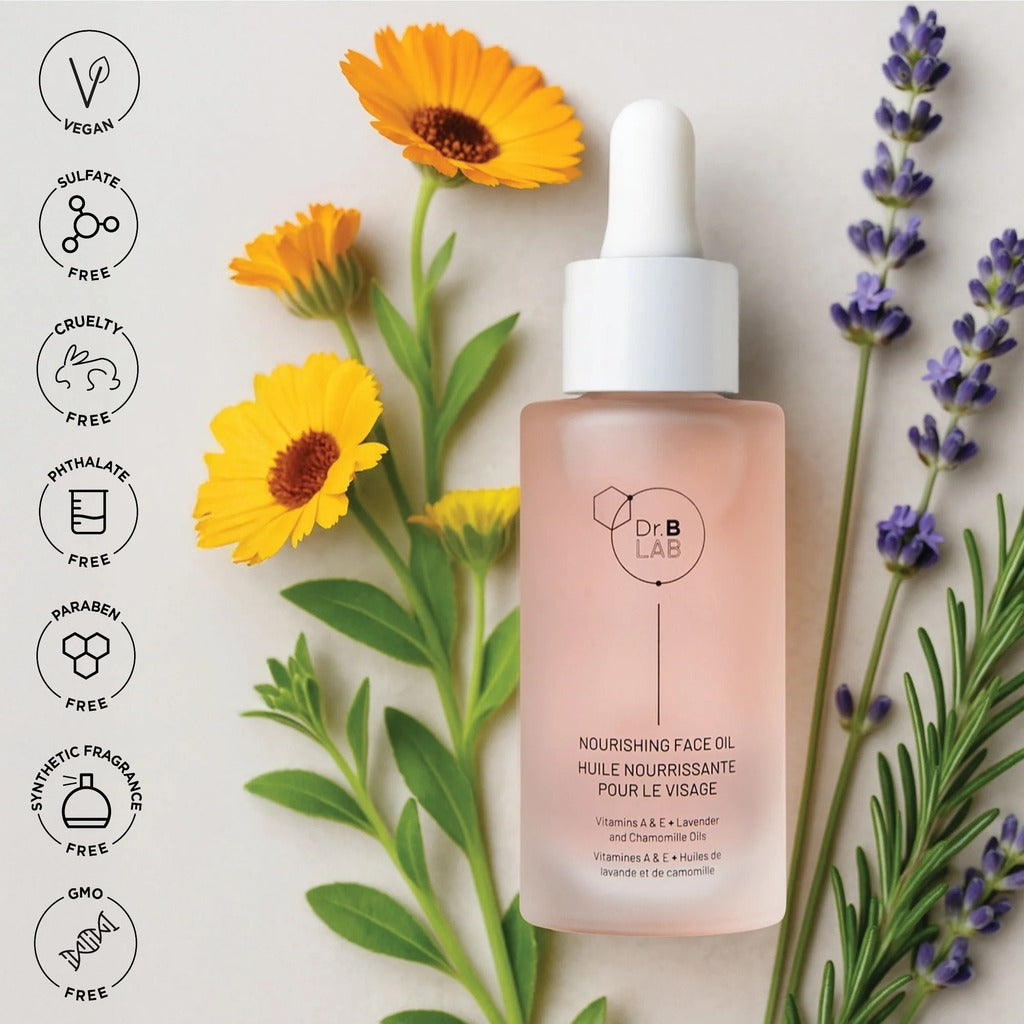 Dr. B Lab Nourishing Face Oil with calendula, lavender and formula icons