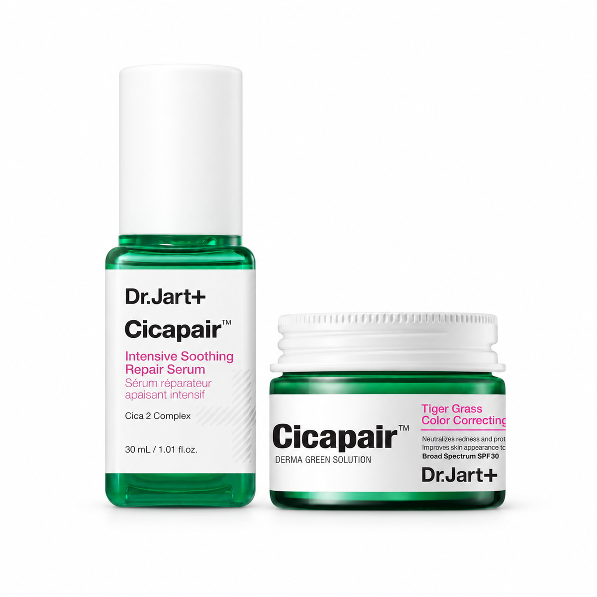 Dr. Jart+ Cicapair set with one 30 mL repair serum bottle and one 15 mL Tiger Grass SPF 30 treatment jar